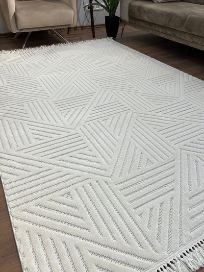MİLAS C12-KREM Kabartmalı Modern Geometrik Desenli Salon Koridor Mutfak Halısı