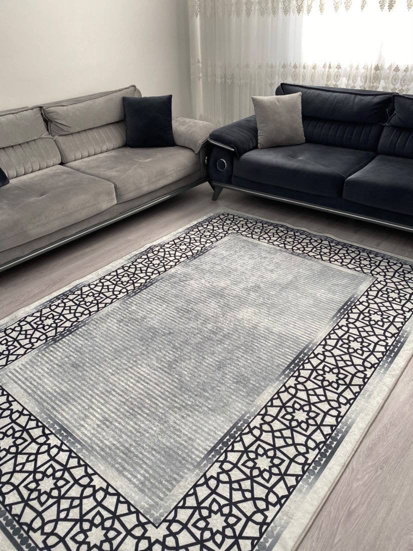 FLOWY GÜMÜŞ - %100 Pamuk Dokuma Taban Makinede Yıkanabilir Kaymaz Halı