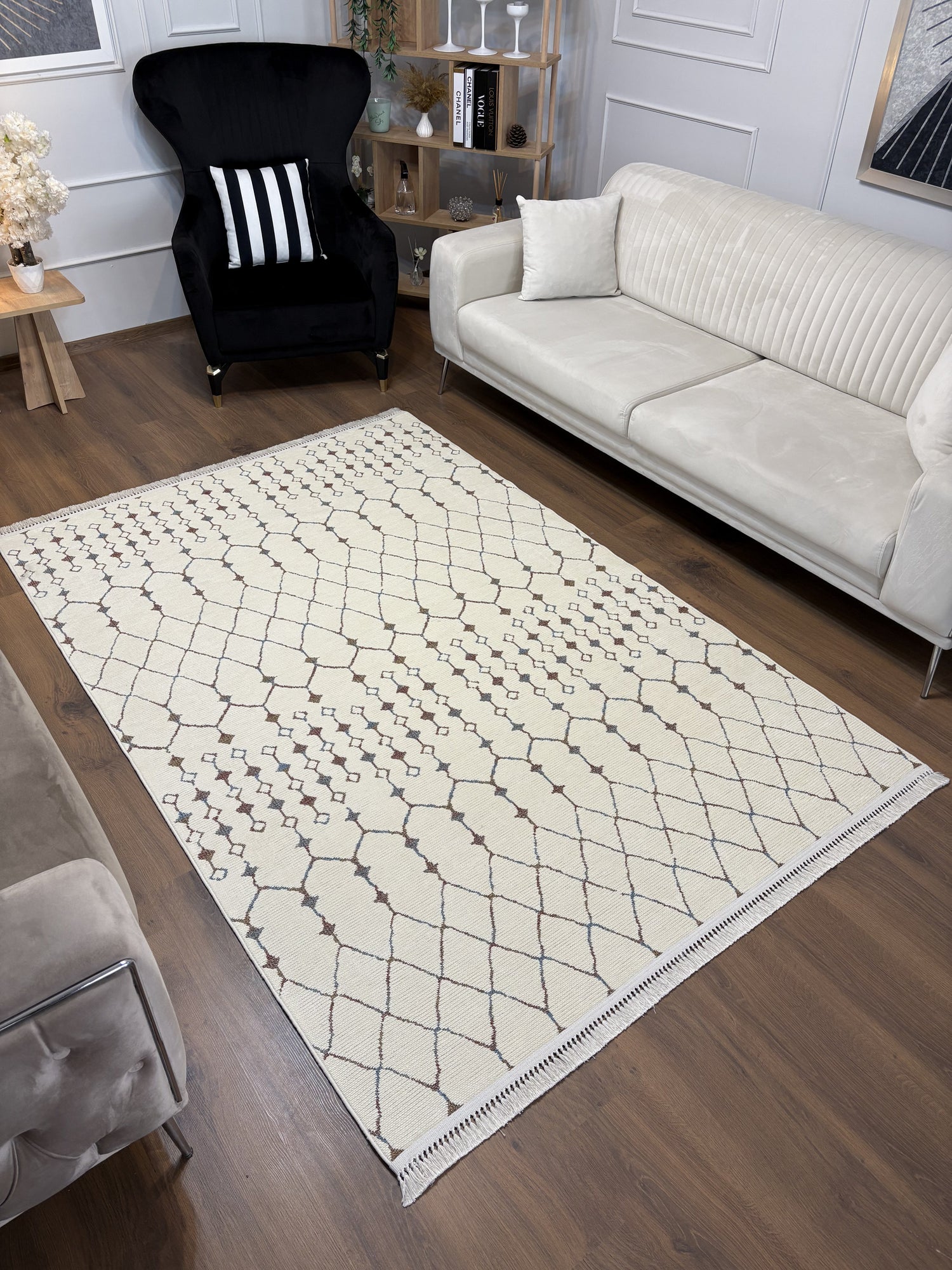 ŞÖNİL MODERN Kaymaz Taban İskandinav Desenli Salon Koridor Mutfak Şönil Kilim Dokuma Halı-KREM