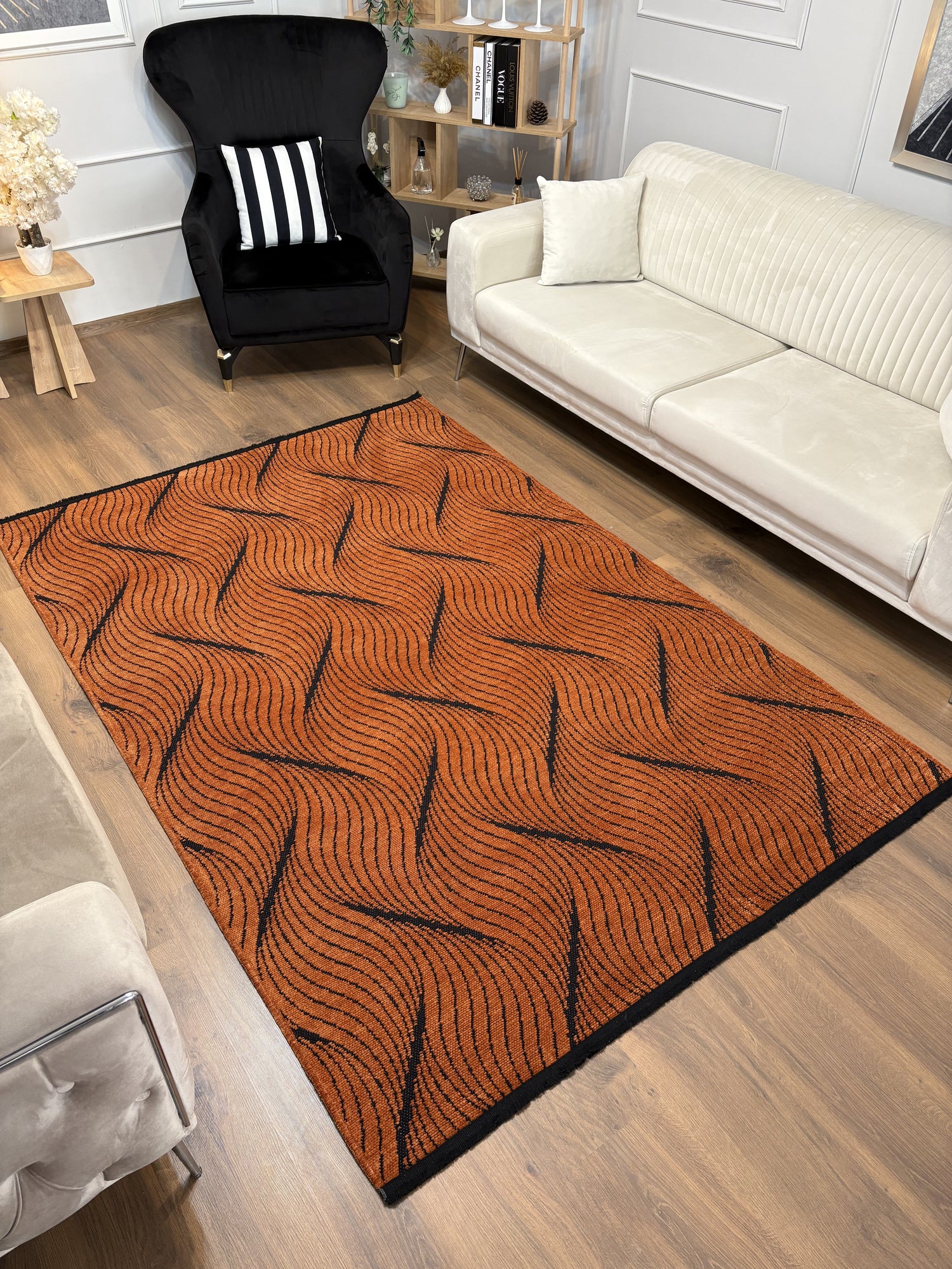 ŞÖNİL FERİ Kaymaz Taban İskandinav Desenli Salon Koridor Mutfak Şönil Kilim Dokuma Halı-KİREMİT