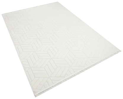 MİLAS T-LO67 KREM Kabartmalı Modern Geometrik Desenli Salon Koridor Mutfak Halısı