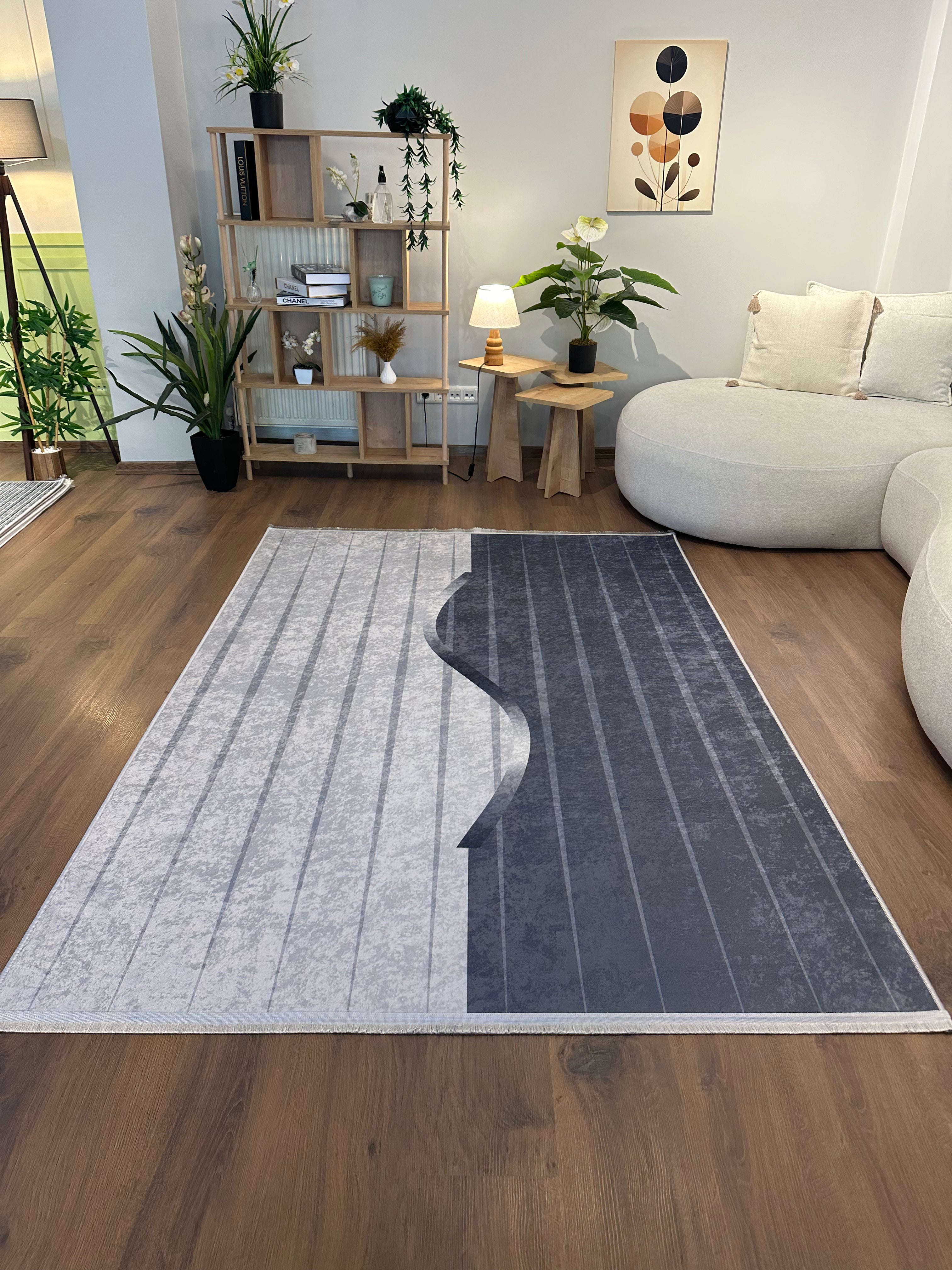 AURA GRİ - %100 Pamuk Dokuma Taban Makinede Yıkanabilir Kaymaz Halı
