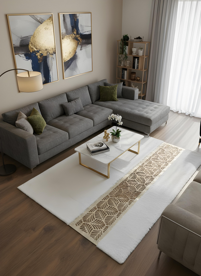 Royal Serisi İnci - El İşçiliği ile Tavşan Post ve Varaklı Deri Dekoratif Halı