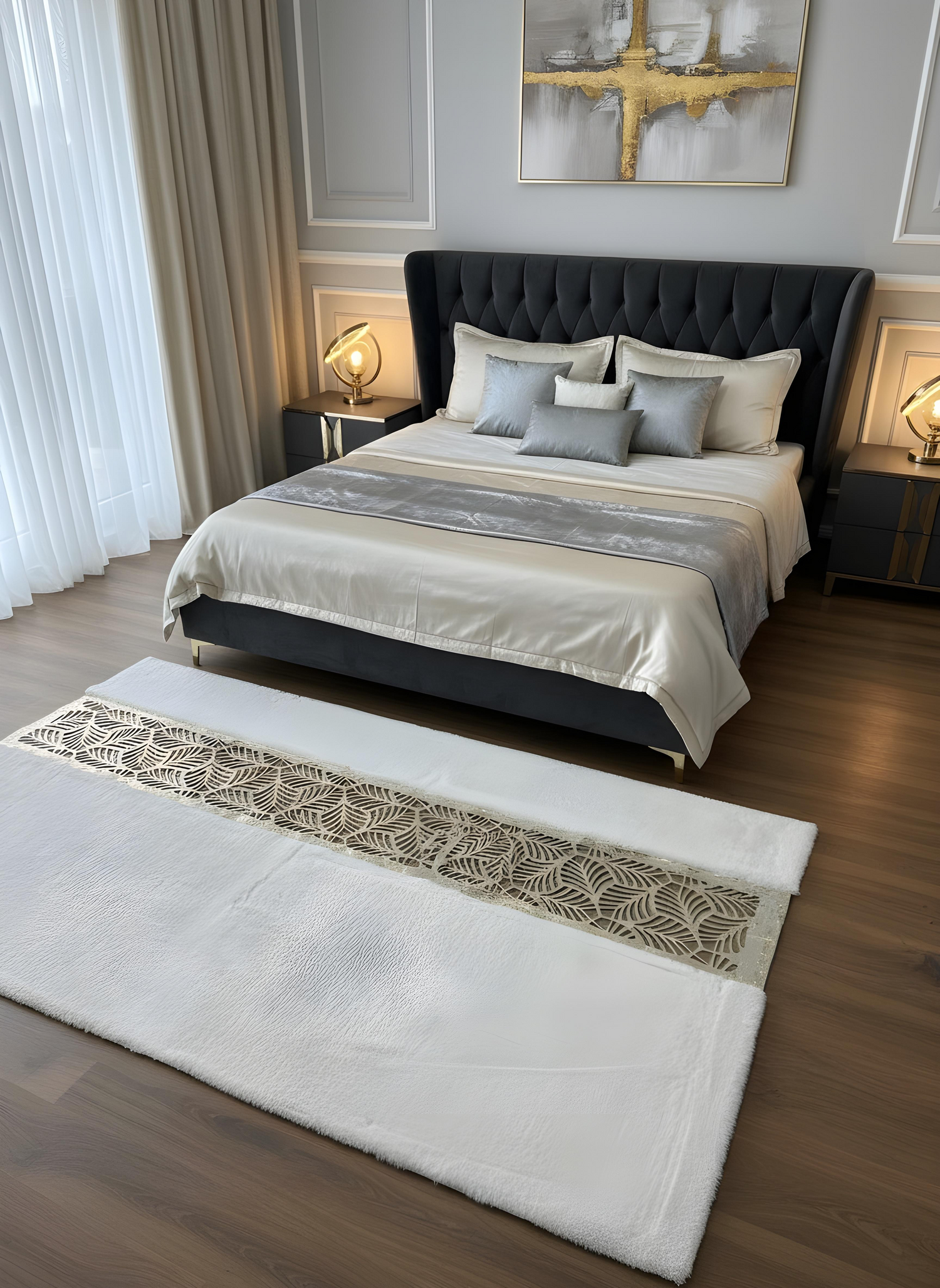 Royal Serisi İnci - El İşçiliği ile Tavşan Post ve Varaklı Deri Dekoratif Halı