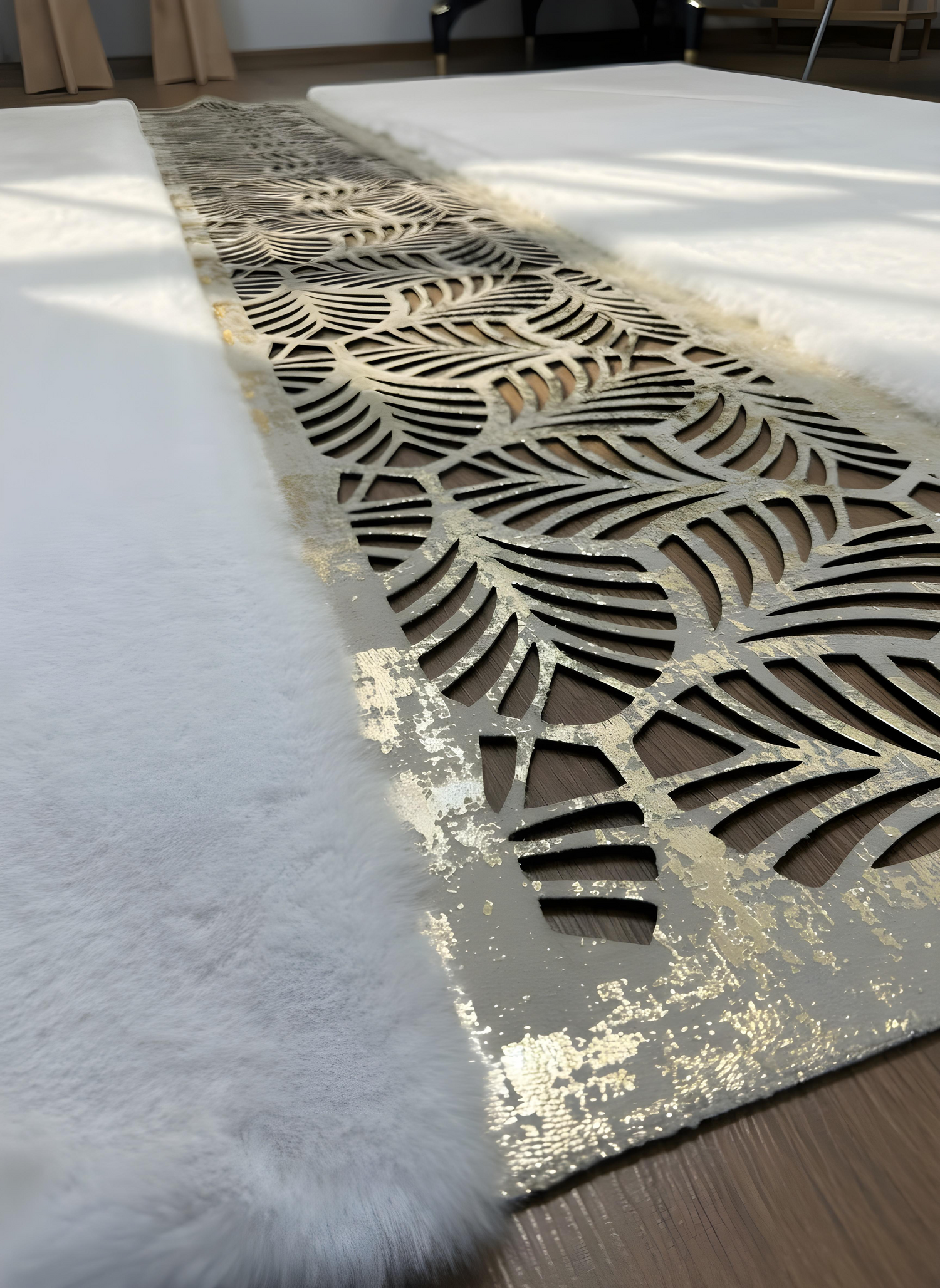 Royal Serisi İnci - El İşçiliği ile Tavşan Post ve Varaklı Deri Dekoratif Halı