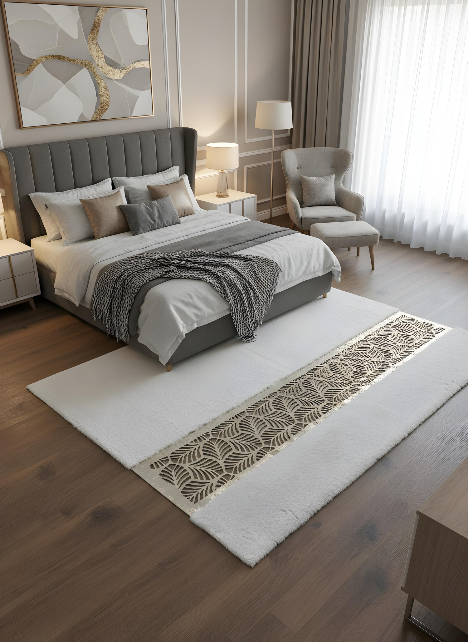 Royal Serisi İnci - El İşçiliği ile Tavşan Post ve Varaklı Deri Dekoratif Halı