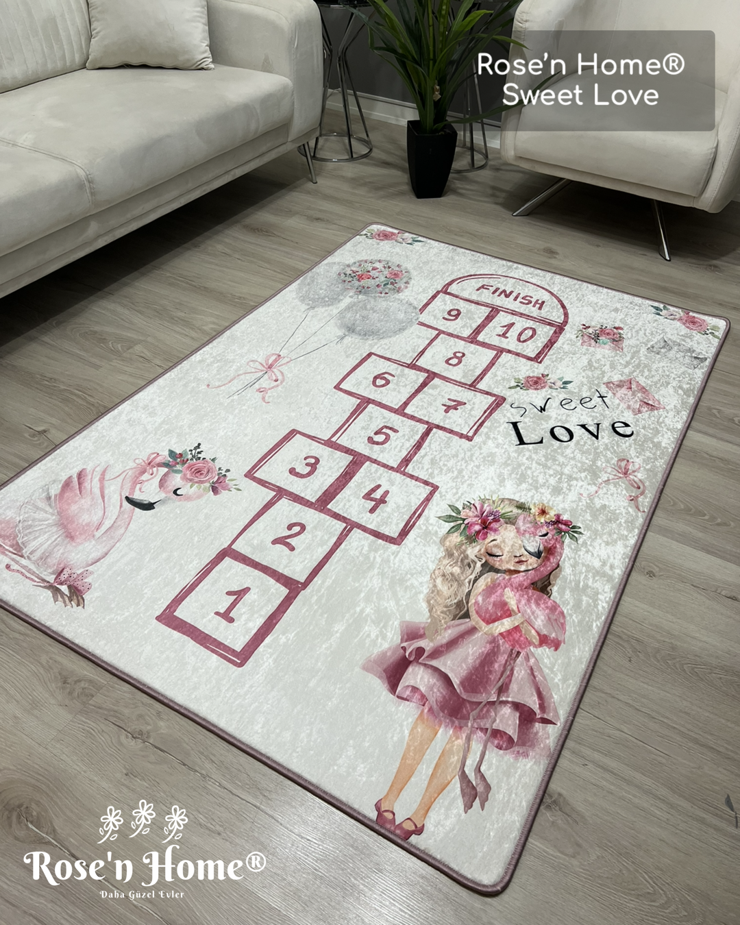 SWEET LOVE - %100 Pamuk Dokuma Taban Makinede Yıkanabilir Kaymaz Halı
