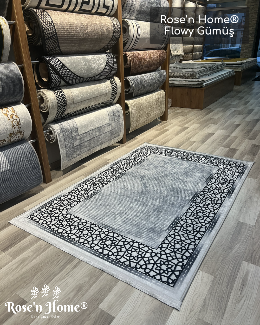 FLOWY GÜMÜŞ - %100 Pamuk Dokuma Taban Makinede Yıkanabilir Kaymaz Halı