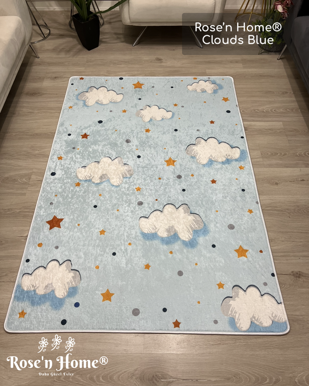 CLOUDS BLUE - %100 Pamuk Dokuma Taban Makinede Yıkanabilir Kaymaz Halı