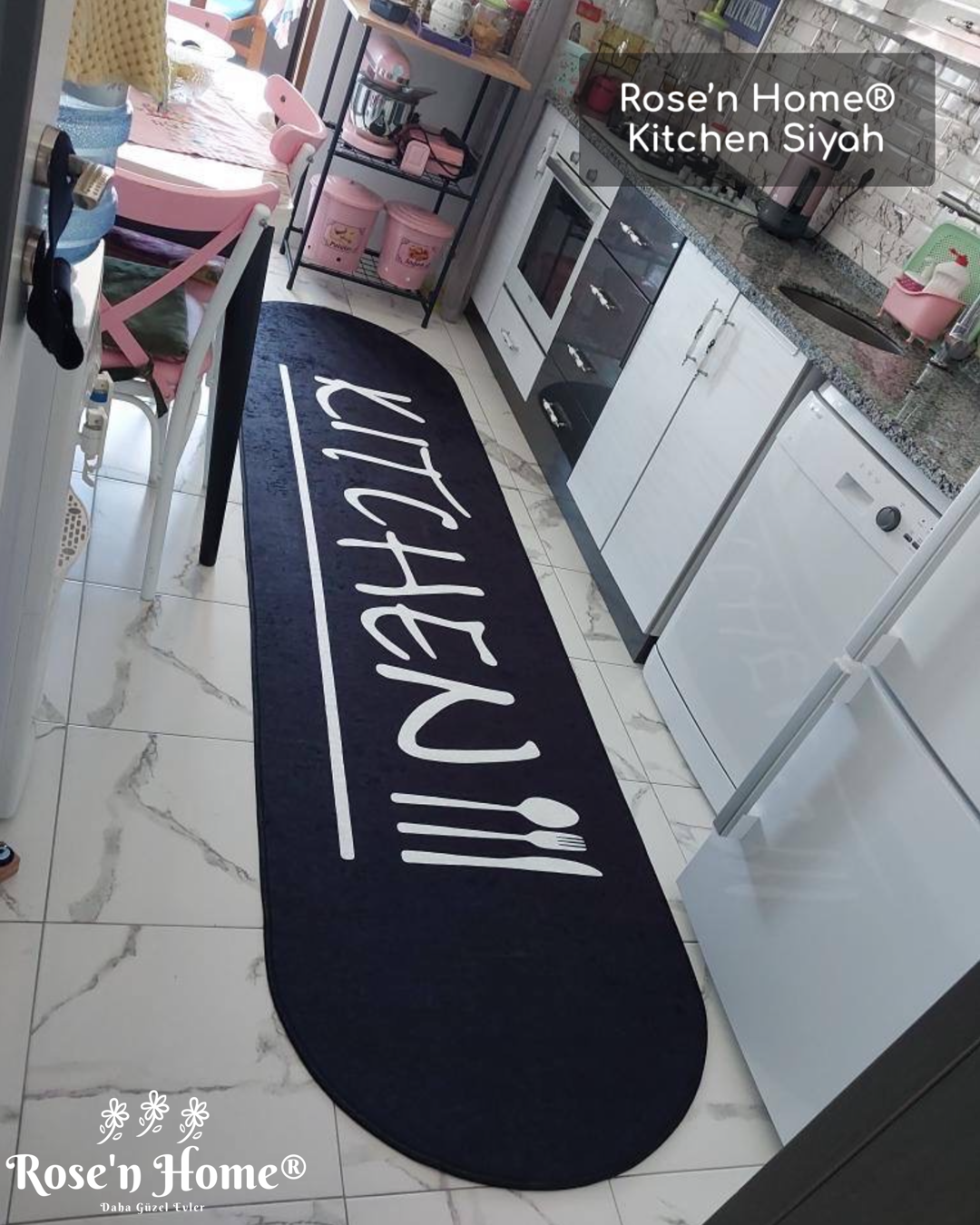 KİTCHEN SİYAH - %100 Pamuk Dokuma Taban Makinede Yıkanabilir Kaymaz Halı