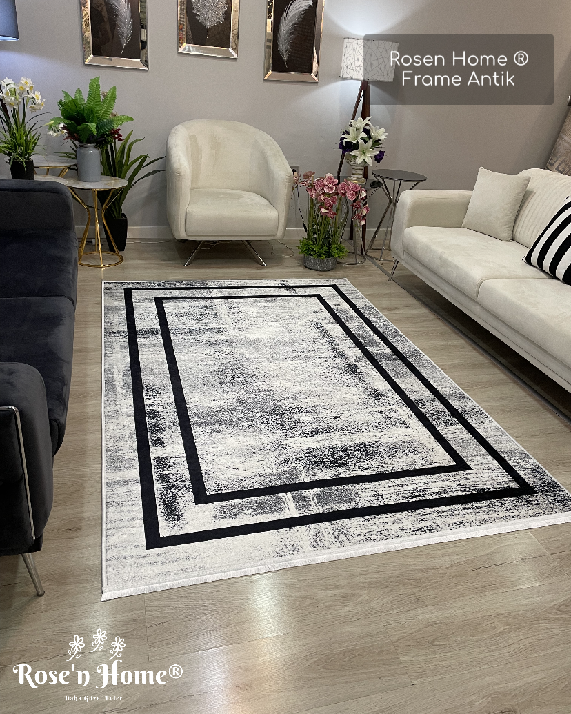 FRAME ANTİK - %100 Pamuk Dokuma Taban Makinede Yıkanabilir Kaymaz Halı