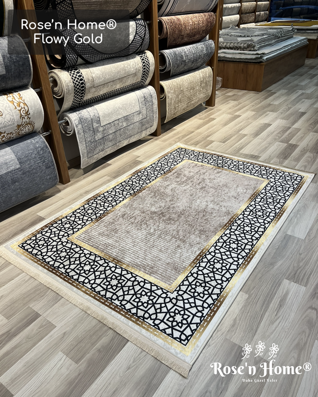 FLOWY GOLD - %100 Pamuk Dokuma Taban Makinede Yıkanabilir Kaymaz Halı