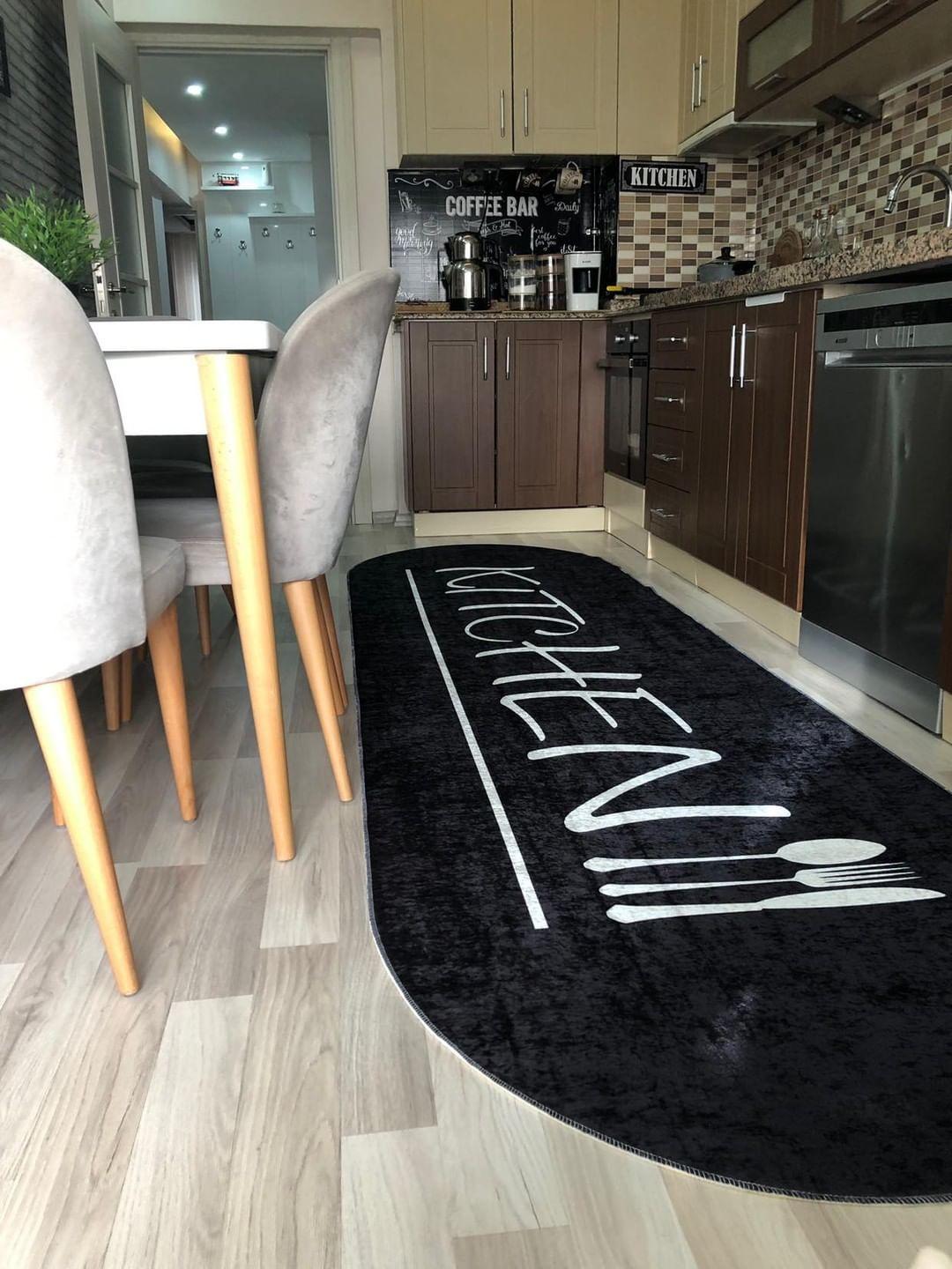 KİTCHEN SİYAH - Kaymaz Deri Taban Makinede Yıkanabilir Salon Oturma Odası Mutfak Halısı