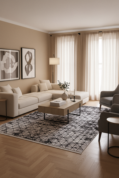LOTUS 8019-T-GRİ/SİYAH Sentetik Bambu Parlak Saten Salon Koridor Mutfak Halısı