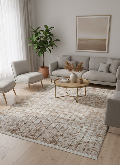 LOTUS 53T-KAHVE/KREM Sentetik Bambu Parlak Saten Salon Koridor Mutfak Halısı