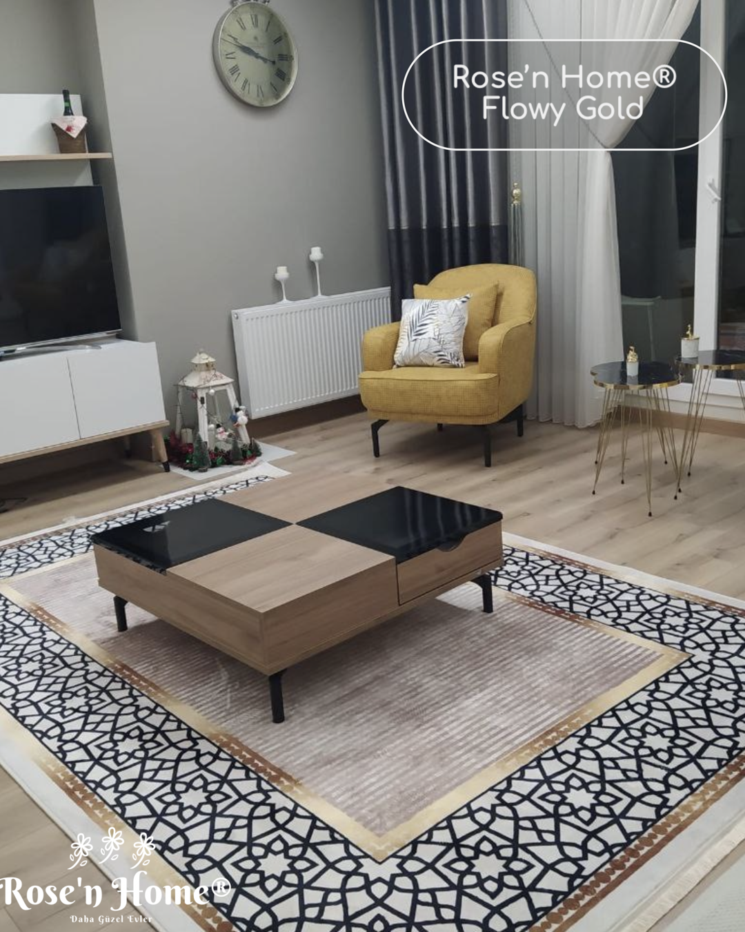FLOWY GOLD - %100 Pamuk Dokuma Taban Makinede Yıkanabilir Kaymaz Halı