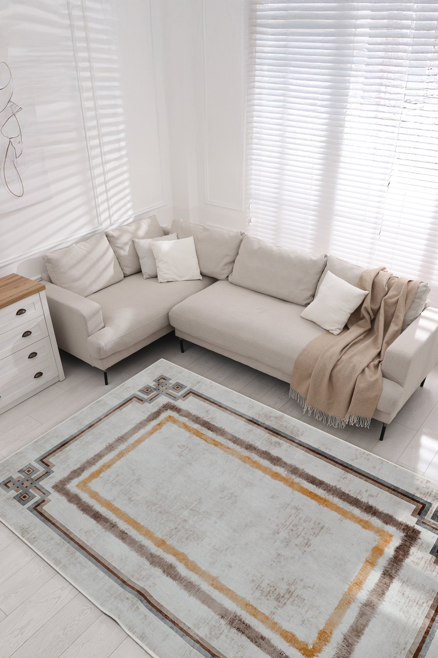 Arte M223-01 Çerçeveli Çizgili Dekoratif Dokuma Halı