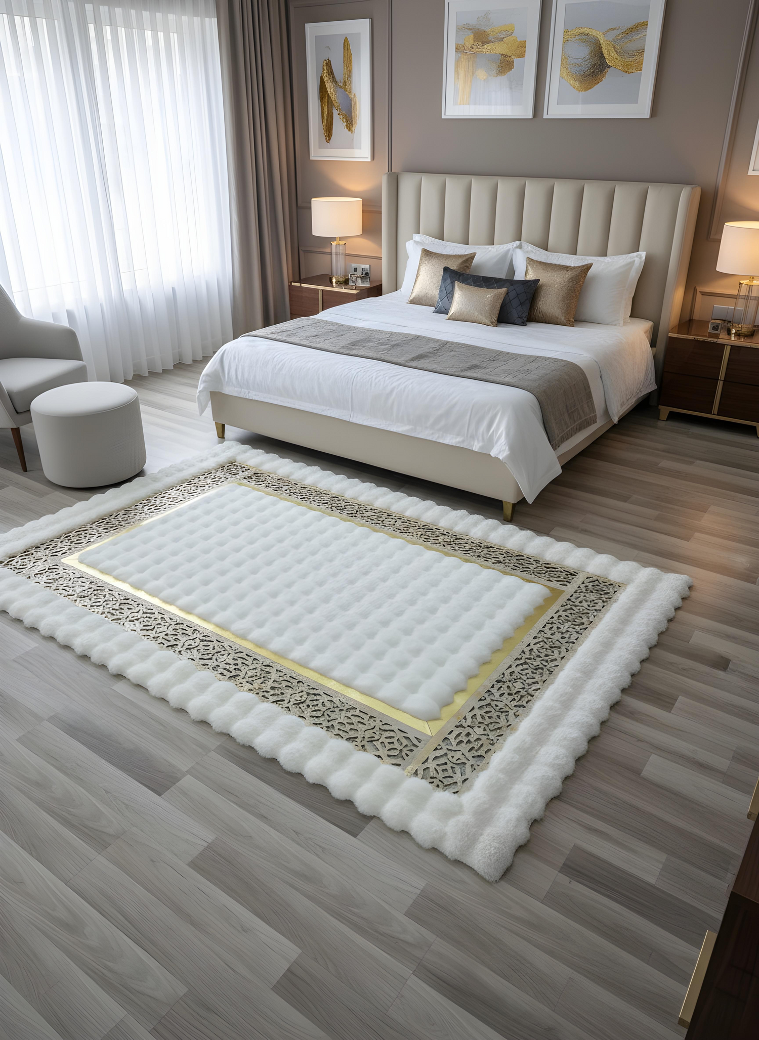 Royal Serisi Masal - El İşçiliği ile Tavşan Post ve Varaklı Deri Dekoratif Halı