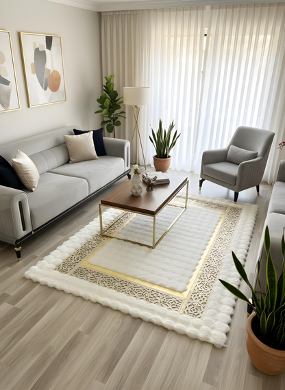 Royal Serisi Masal - El İşçiliği ile Tavşan Post ve Varaklı Deri Dekoratif Halı