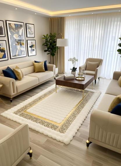 Royal Serisi Masal - El İşçiliği ile Tavşan Post ve Varaklı Deri Dekoratif Halı