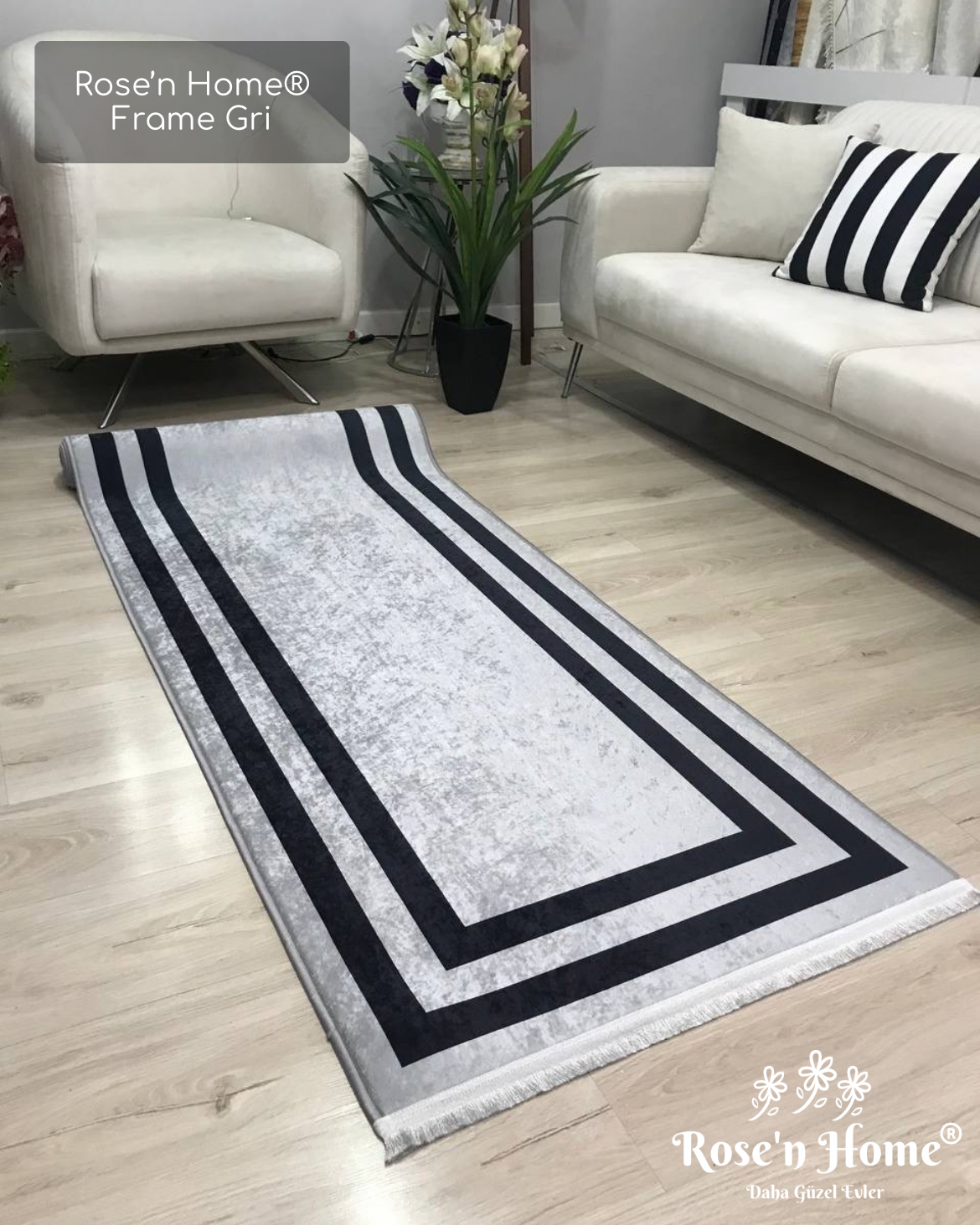 FRAME SİYAH GRİ - %100 Pamuk Dokuma Taban Makinede Yıkanabilir Kaymaz Halı