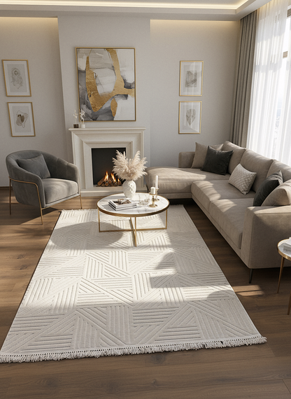 MİLAS C14-BEJ Kabartmalı Modern Geometrik Desenli Salon Koridor Mutfak Halısı