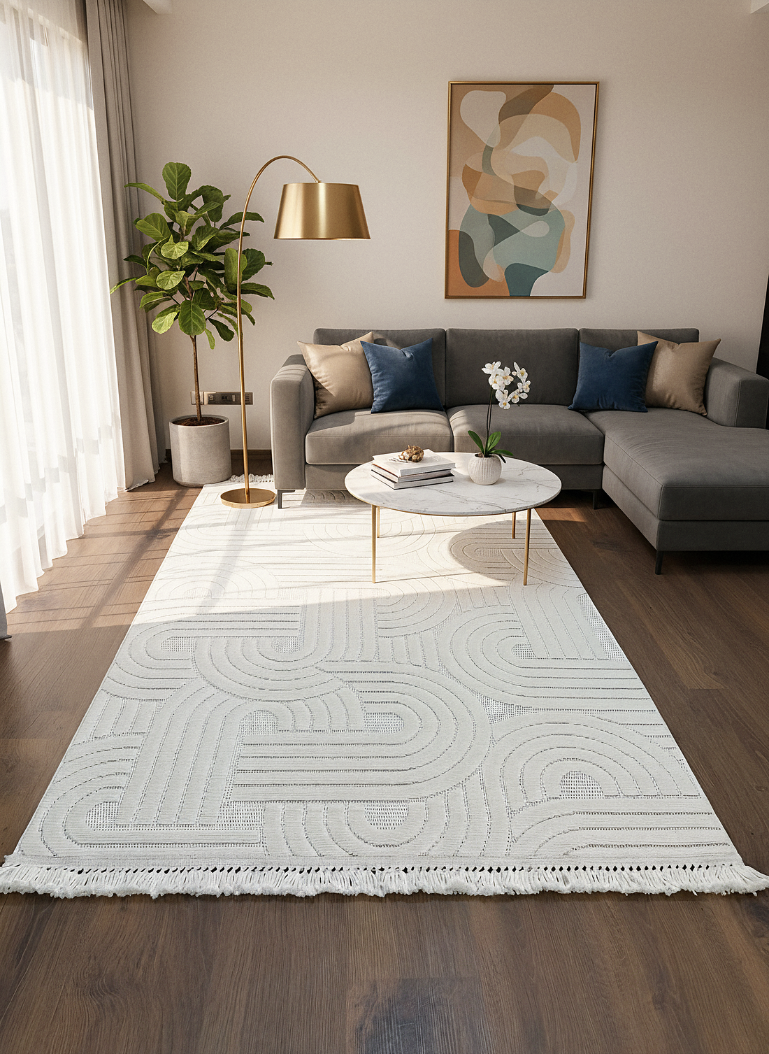 MİLAS C40-BEJ Kabartmalı Modern Geometrik Desenli Salon Koridor Mutfak Halısı