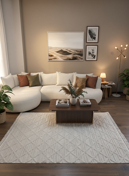 MİLAS C8-BEJ Kabartmalı Modern Geometrik Desenli Salon Koridor Mutfak Halısı