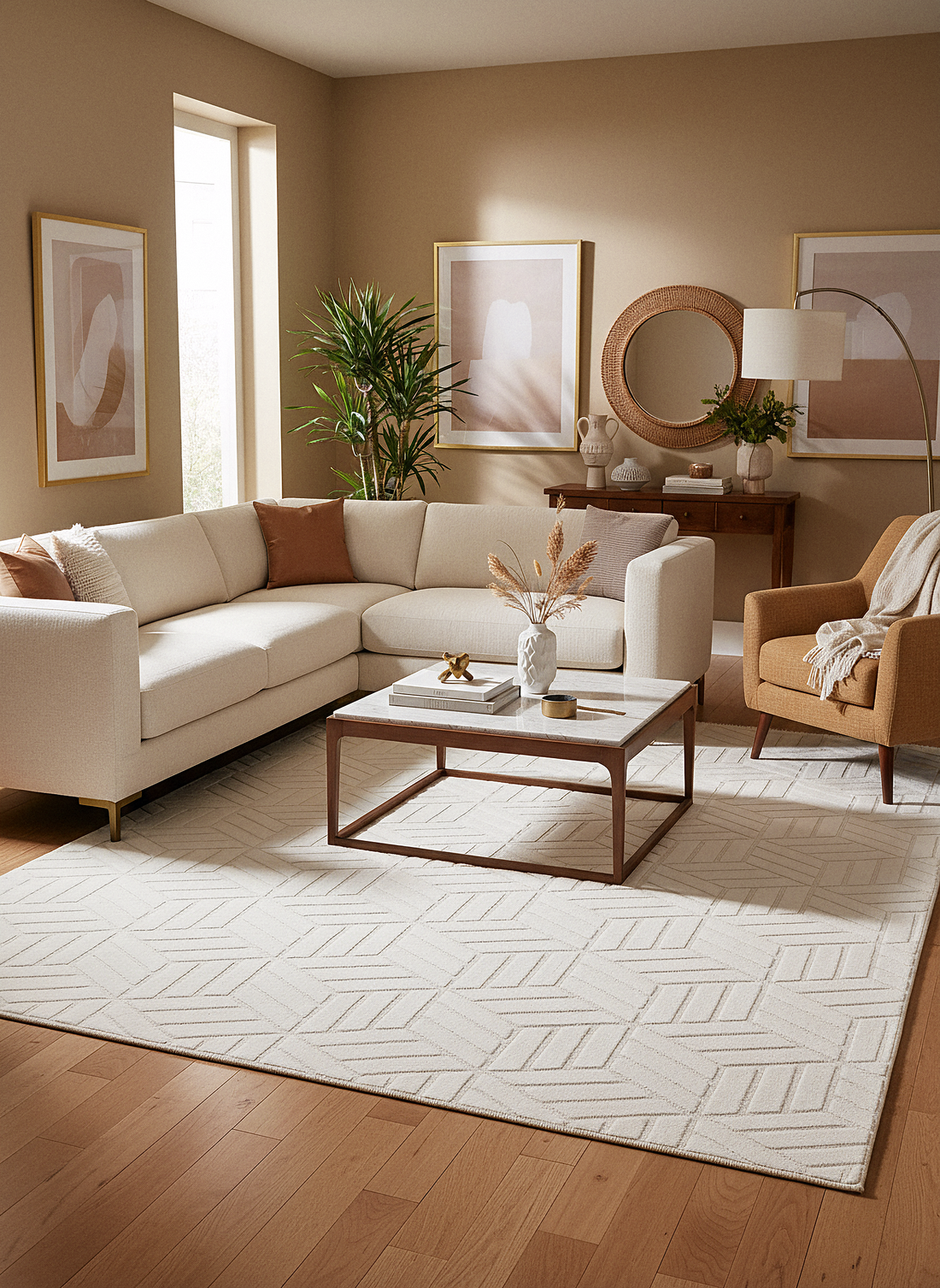 MİLAS T-LO67 KREM Kabartmalı Modern Geometrik Desenli Salon Koridor Mutfak Halısı