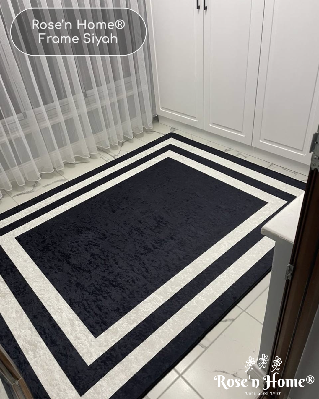 FRAME SİYAH - %100 Pamuk Dokuma Taban Makinede Yıkanabilir Kaymaz Halı