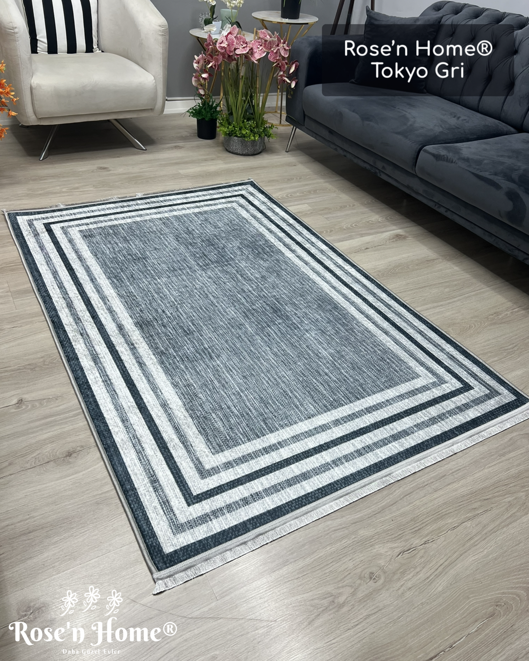 TOKYO GRİ - %100 Pamuk Dokuma Taban Makinede Yıkanabilir Kaymaz Halı