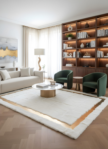 Royal Serisi Olivin - El İşçiliği ile Tavşan Post ve Varaklı Deri Dekoratif Halı