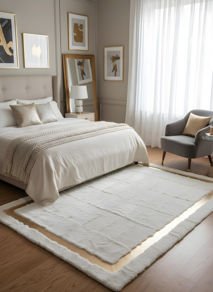 Royal Serisi Olivin - El İşçiliği ile Tavşan Post ve Varaklı Deri Dekoratif Halı