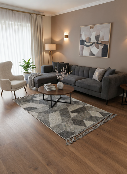 OSLO 5007-T GRİ/PUSLU MAVİ Yumuşak Bukle (Loop) Dokuma Geometrik Desenli Salon Mutfak Koridor Halısı