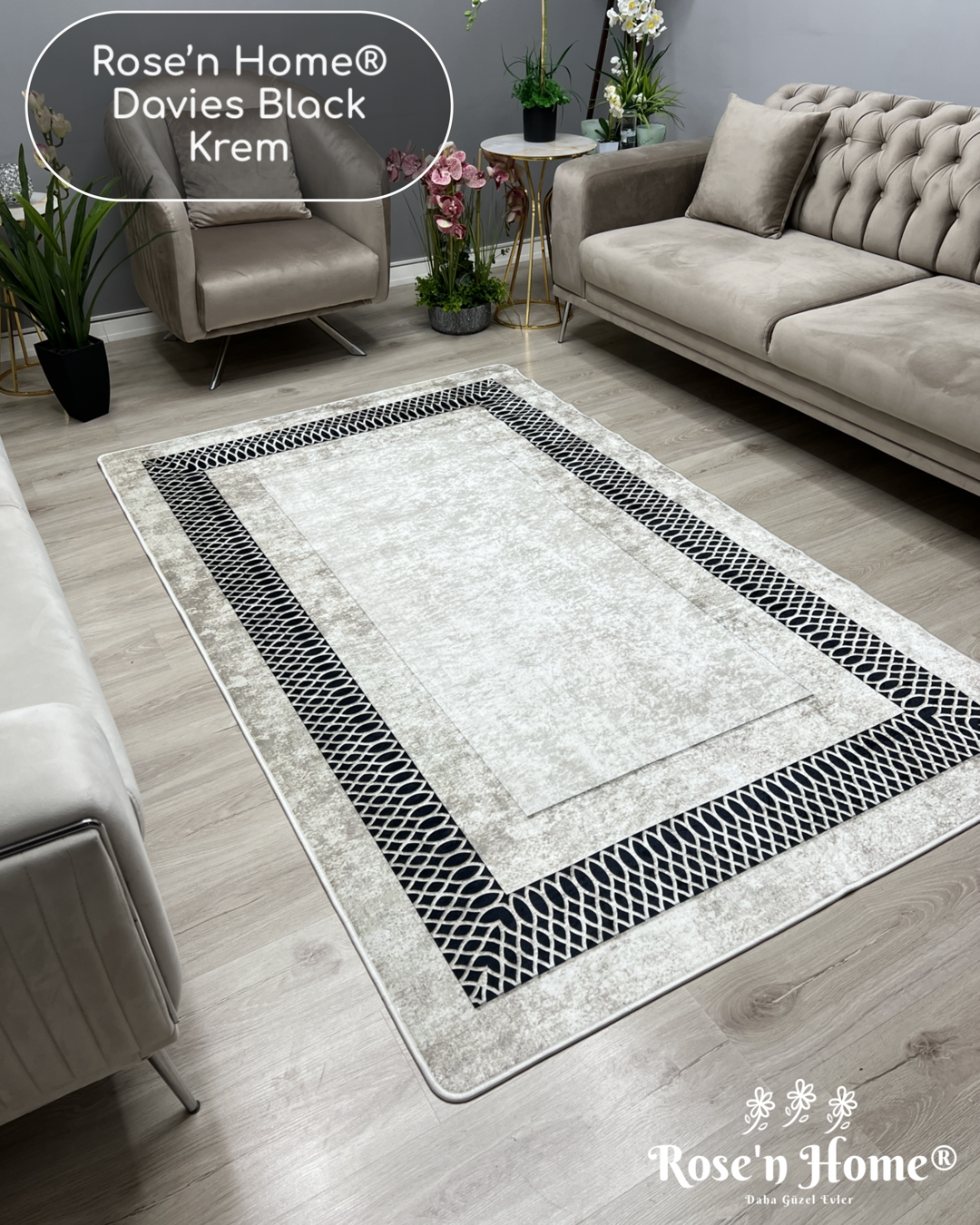 DAVİES BLACK KREM - %100 Pamuk Dokuma Taban Makinede Yıkanabilir Kaymaz Halı