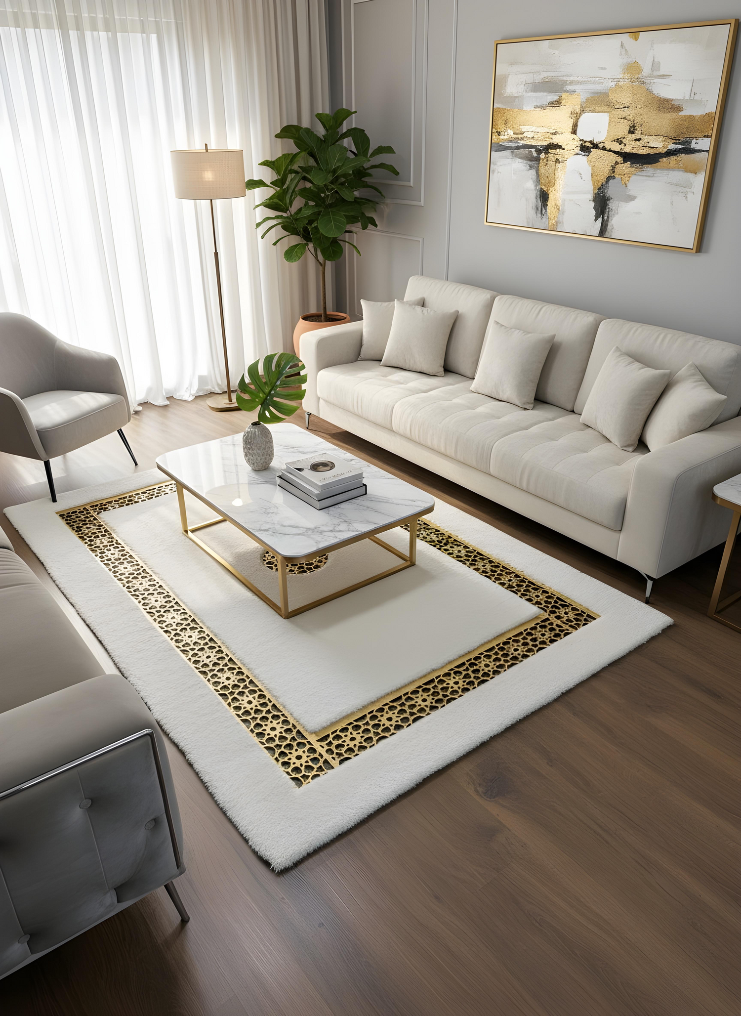 Royal Serisi Pırlanta - El İşçiliği ile Tavşan Post ve Varaklı Deri Dekoratif Halı