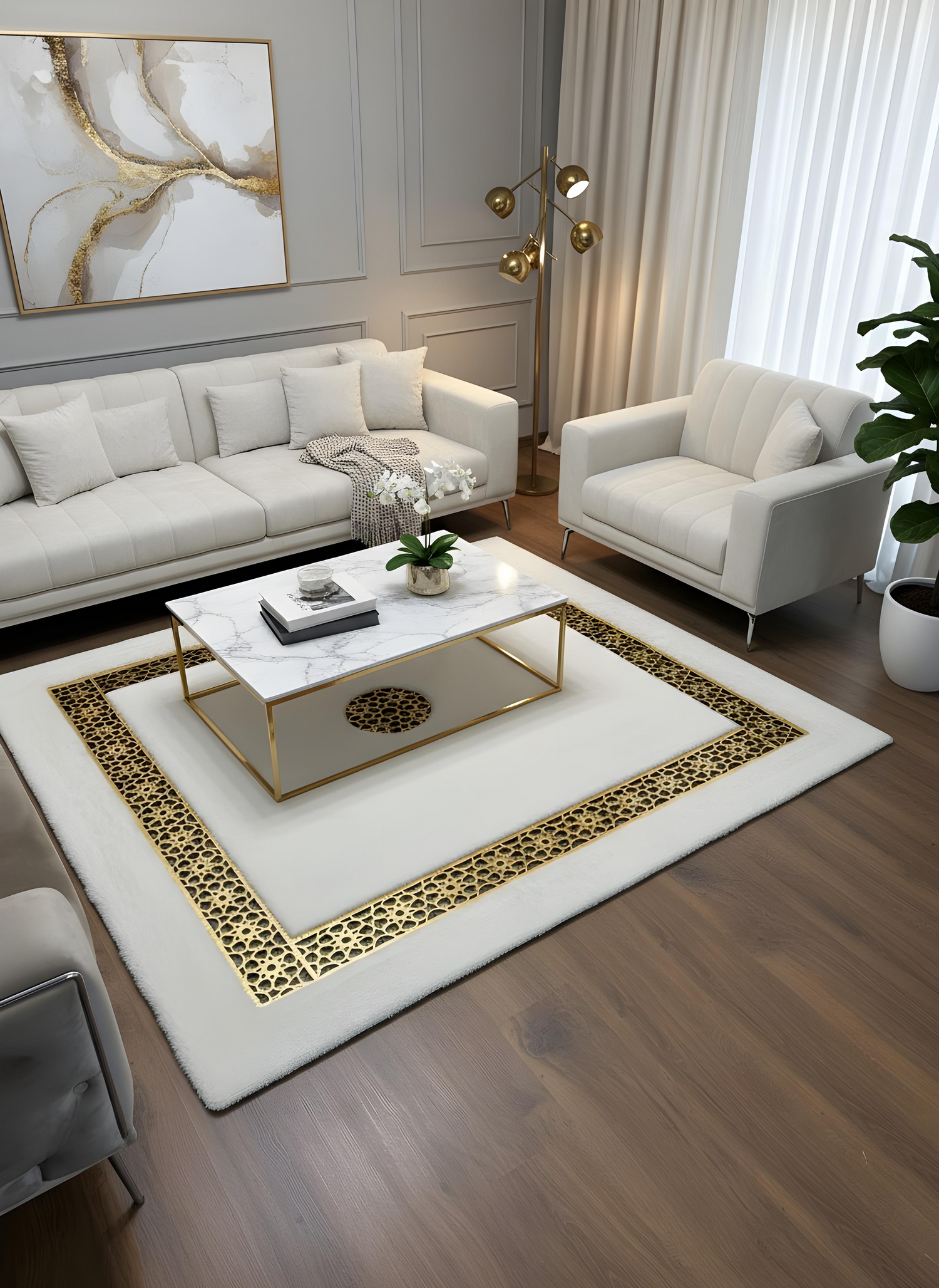 Royal Serisi Pırlanta - El İşçiliği ile Tavşan Post ve Varaklı Deri Dekoratif Halı