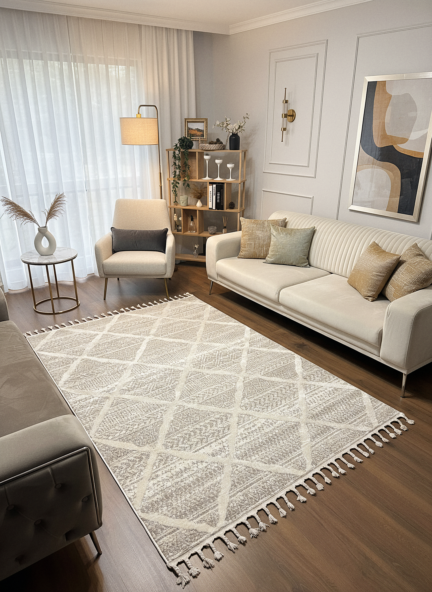PALERMO A-10692 KREM KSık Dokuma Modern Geometrik Desenli Salon Koridor Mutfak Halısı