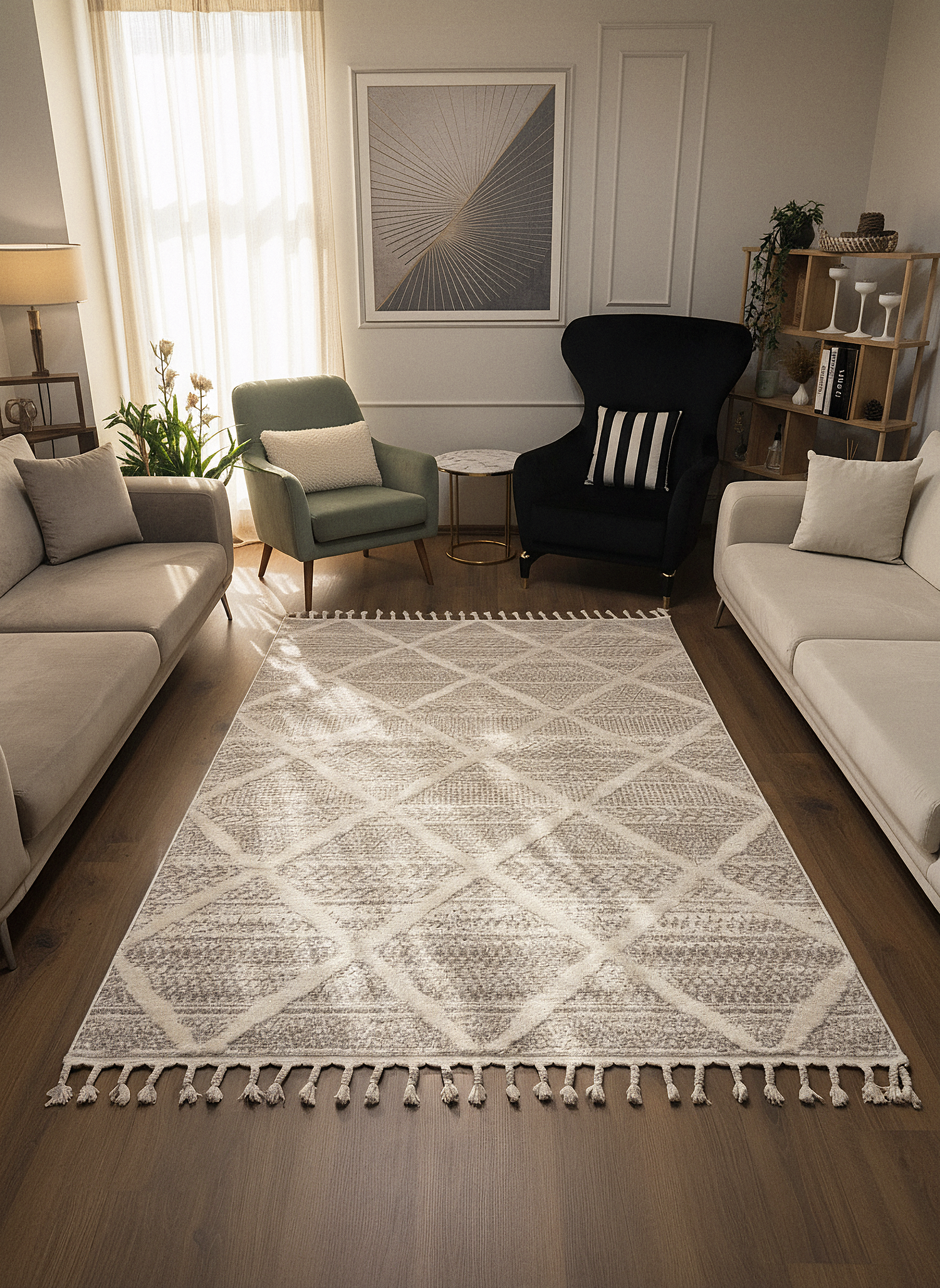 PALERMO A-10692 KREM KSık Dokuma Modern Geometrik Desenli Salon Koridor Mutfak Halısı
