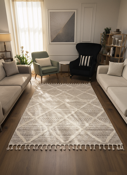 PALERMO A-10692 KREM KSık Dokuma Modern Geometrik Desenli Salon Koridor Mutfak Halısı