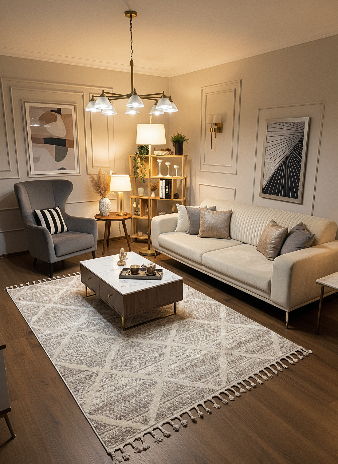 PALERMO A-10692 KREM KSık Dokuma Modern Geometrik Desenli Salon Koridor Mutfak Halısı
