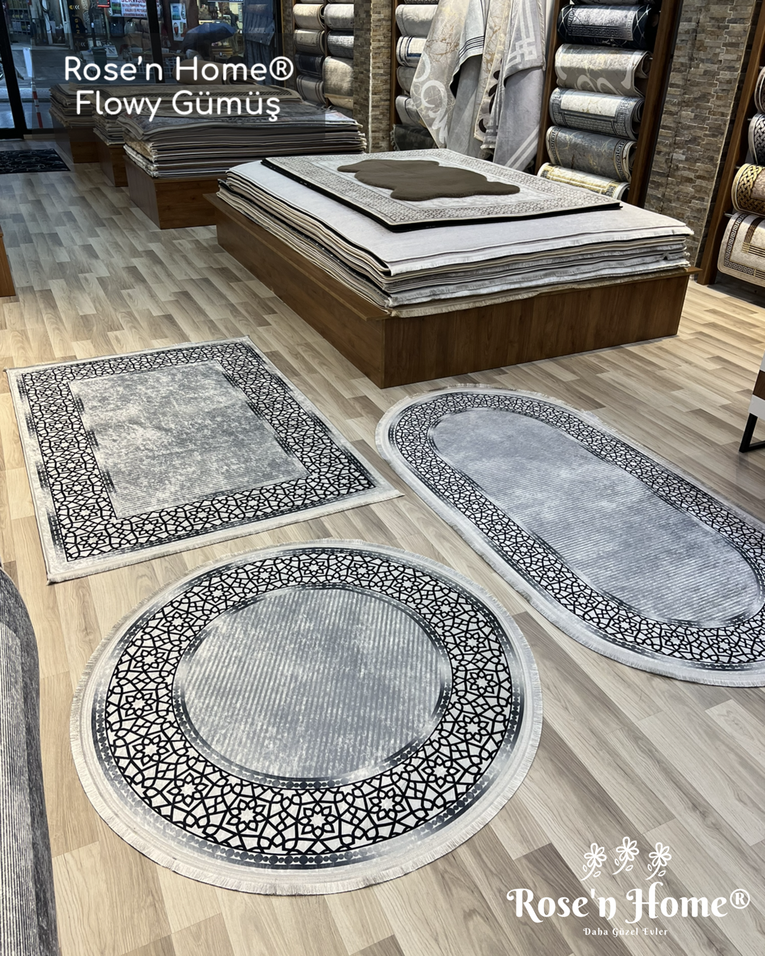 FLOWY GÜMÜŞ - %100 Pamuk Dokuma Taban Makinede Yıkanabilir Kaymaz Halı