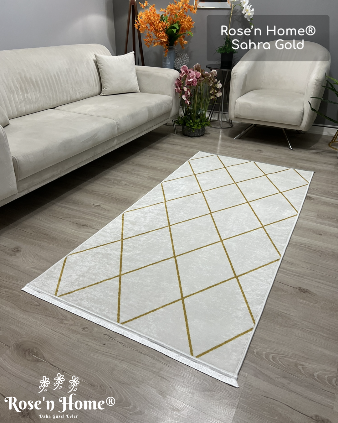 SAHRA GOLD - %100 Pamuk Dokuma Taban Makinede Yıkanabilir Kaymaz Halı
