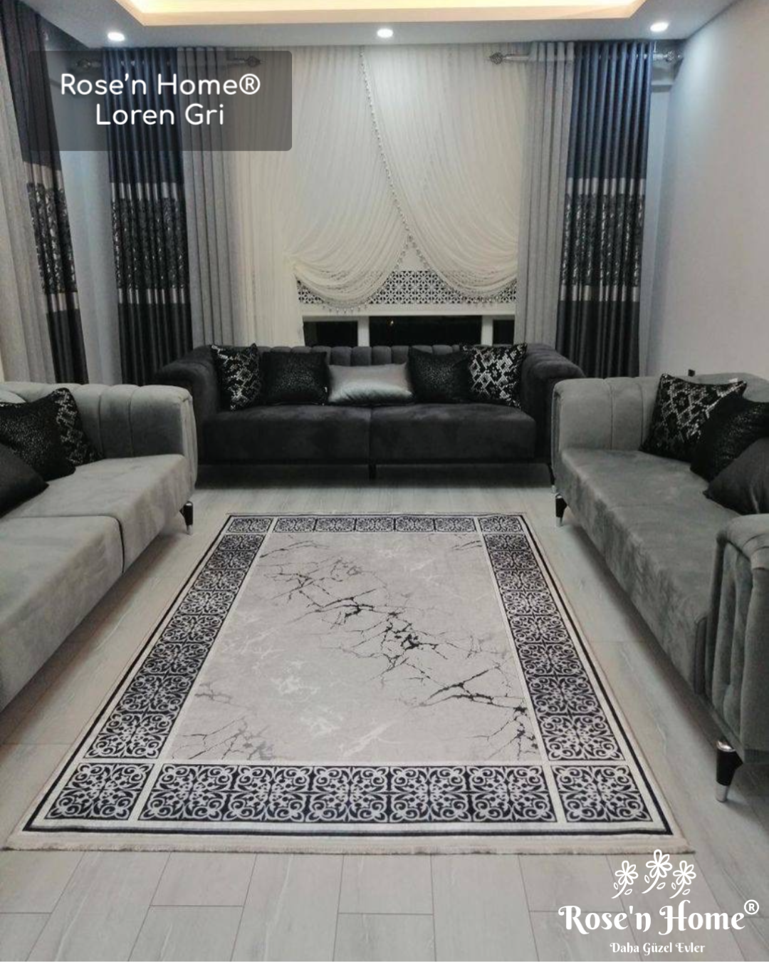 LOREN GRİ - %100 Pamuk Dokuma Taban Makinede Yıkanabilir Kaymaz Halı