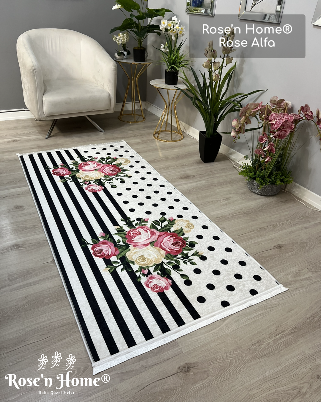 ROSE ALFA - %100 Pamuk Dokuma Taban Makinede Yıkanabilir Kaymaz Halı