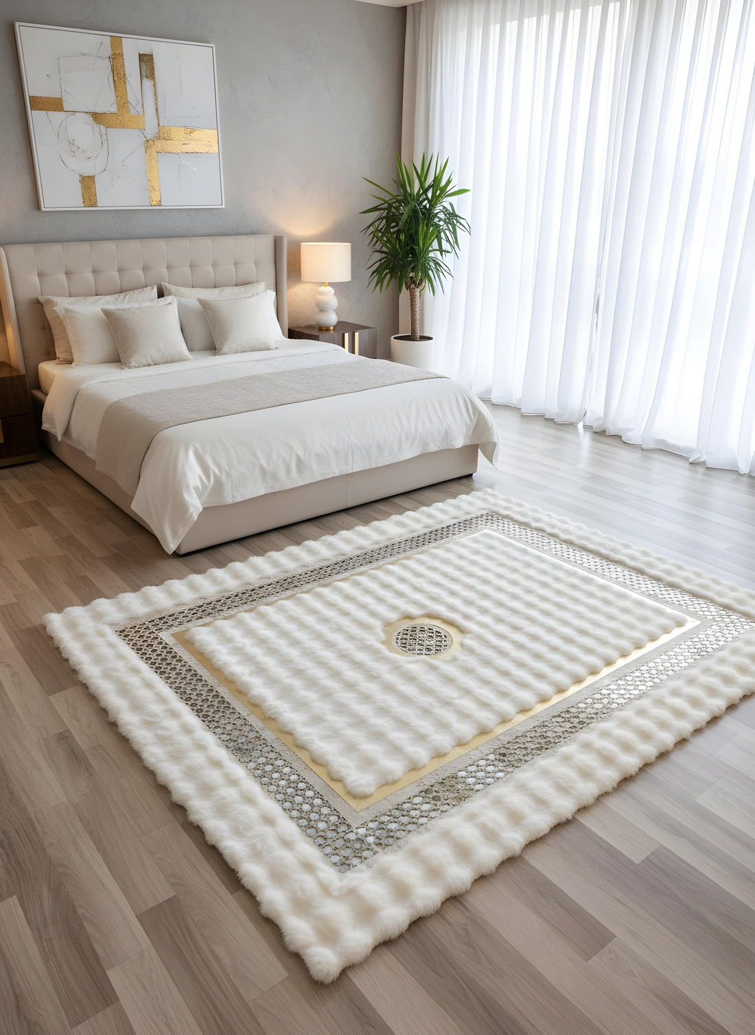 Royal Serisi Rüya - El İşçiliği ile Tavşan Post ve Varaklı Deri Dekoratif Halı