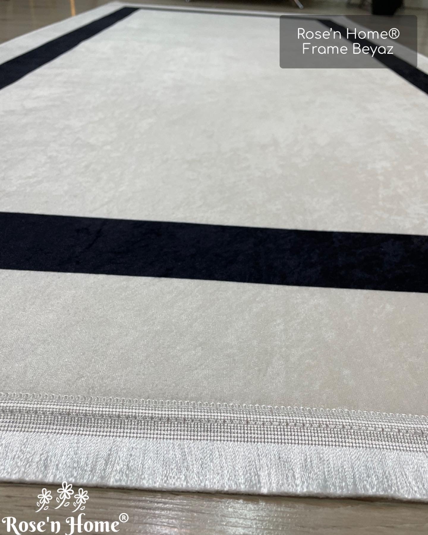 FRAME LİNE BEYAZ - %100 Pamuk Dokuma Taban Makinede Yıkanabilir Kaymaz Halı