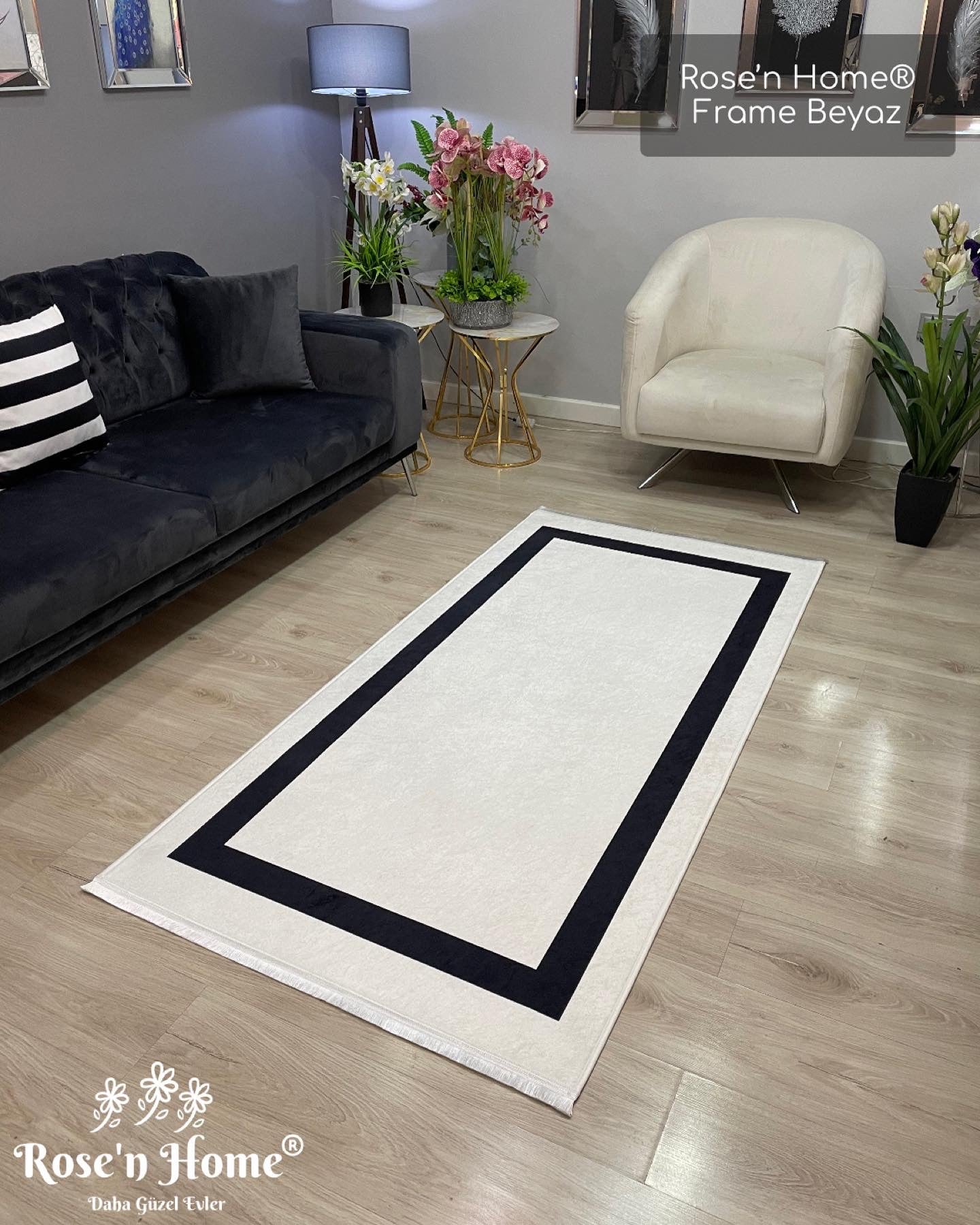 FRAME LİNE BEYAZ - %100 Pamuk Dokuma Taban Makinede Yıkanabilir Kaymaz Halı