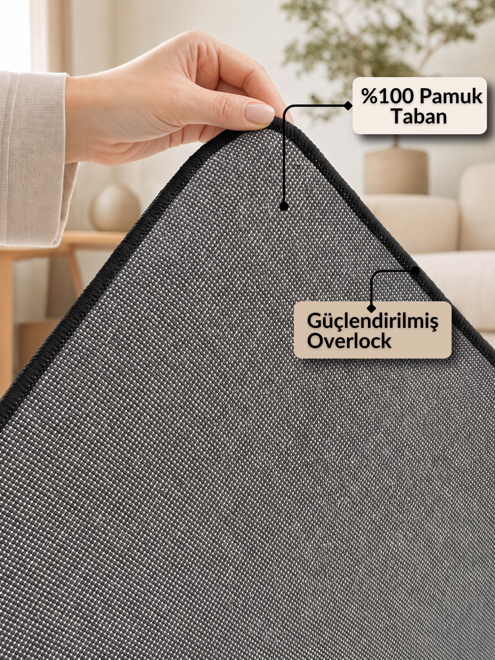 BERİL - %100 Pamuk Dokuma Taban Makinede Yıkanabilir Kaymaz Halı