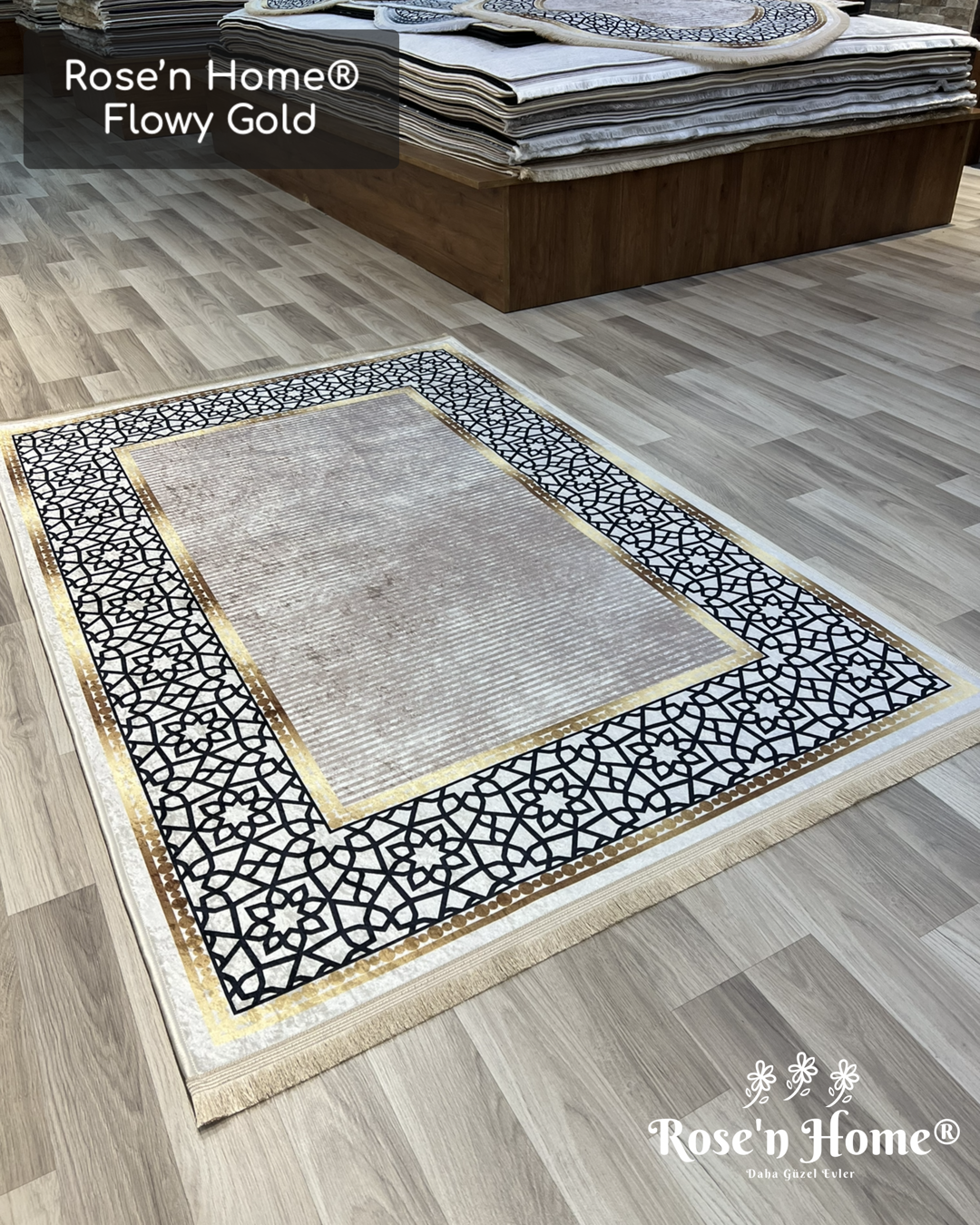 FLOWY GOLD - %100 Pamuk Dokuma Taban Makinede Yıkanabilir Kaymaz Halı